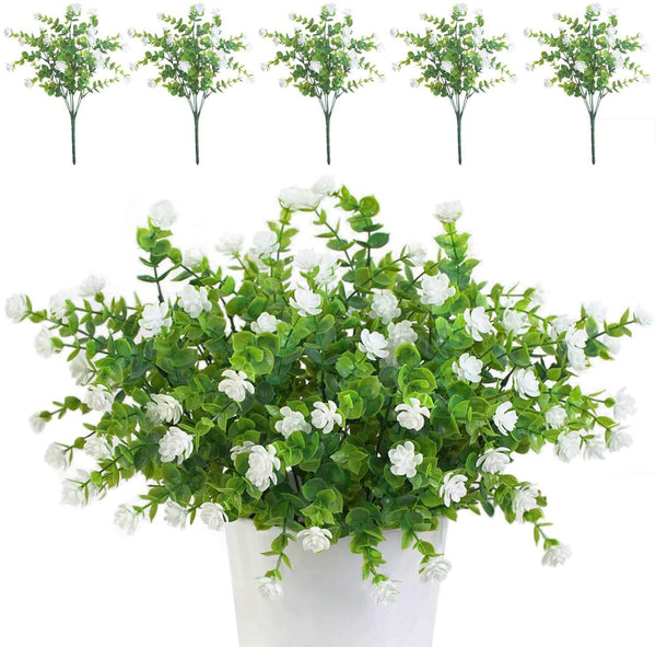 MEALULAND 5 Bundles Artificial Flowers Shrubs Plants (White)