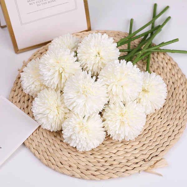 MEALULAND 10 Pcs Artificial Pompon Mum Flowers (White)