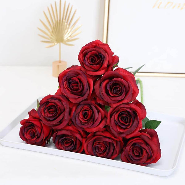 MEALULAND 10 Pcs Single Stem Artificial Roses Flowers (wine red)