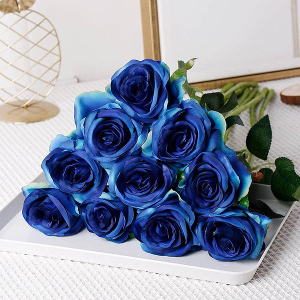 MEALULAND 10 Pcs Single Stem Artificial Roses Flowers (blue)