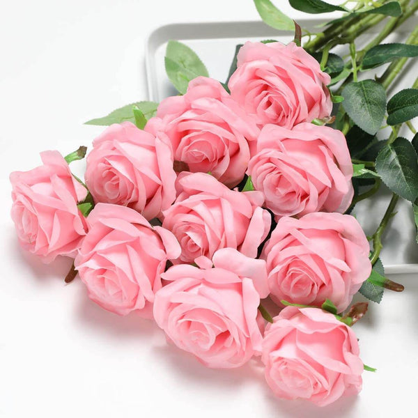 MEALULAND 10 Pcs Single Stem Artificial Roses Flowers (pink)