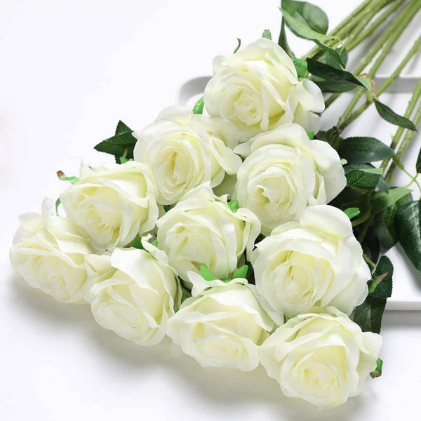 MEALULAND 10 Pcs Single Stem Artificial Roses Flowers (white)