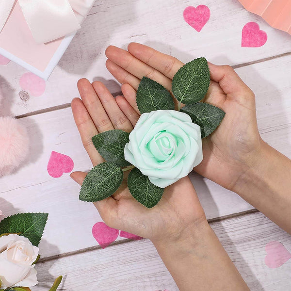 MEALULAND 25 Pcs Artificial Foam Rose Flowers (mint green)