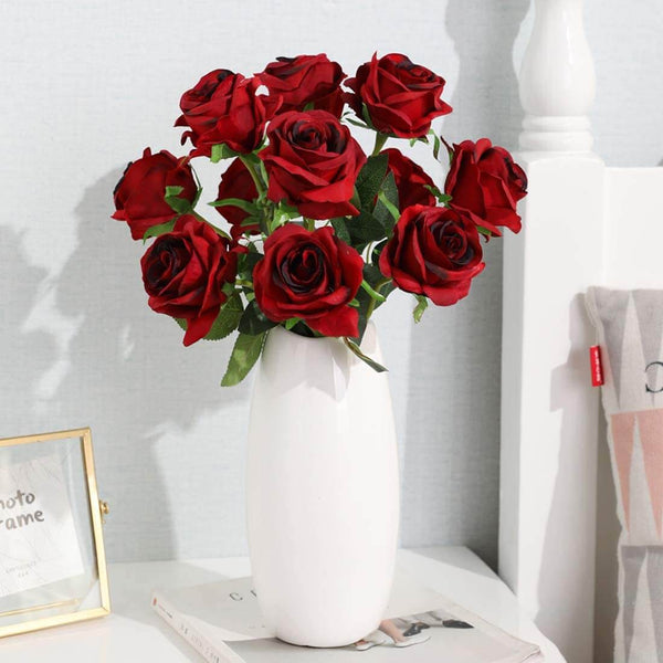 MEALULAND 10 Pcs Single Stem Artificial Roses Flowers (wine red)