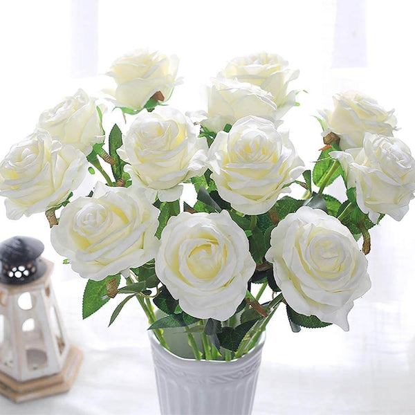 MEALULAND 10 Pcs Single Stem Artificial Roses Flowers (white)