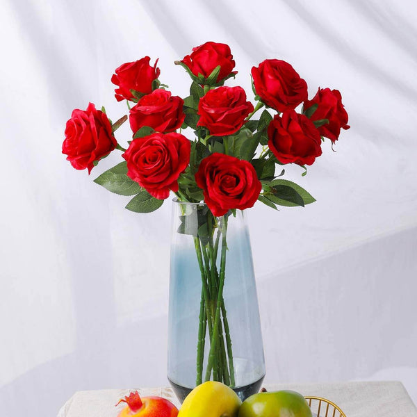 MEALULAND 10 Pcs Single Stem Artificial Roses Flowers (red)