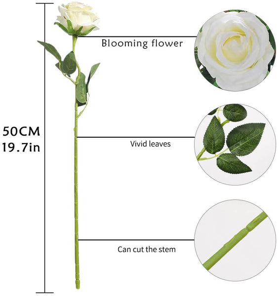 MEALULAND 10 Pcs Single Stem Artificial Roses Flowers (white)