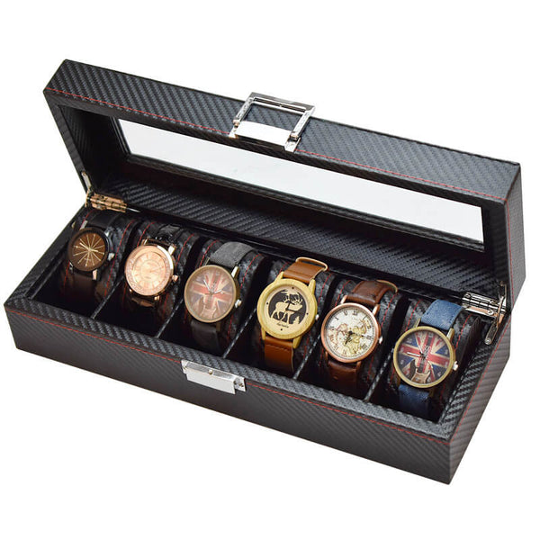 MEALULAND 1pcs 6 Slot Carbon Fiber Pattern PU Leather Watch Organizer