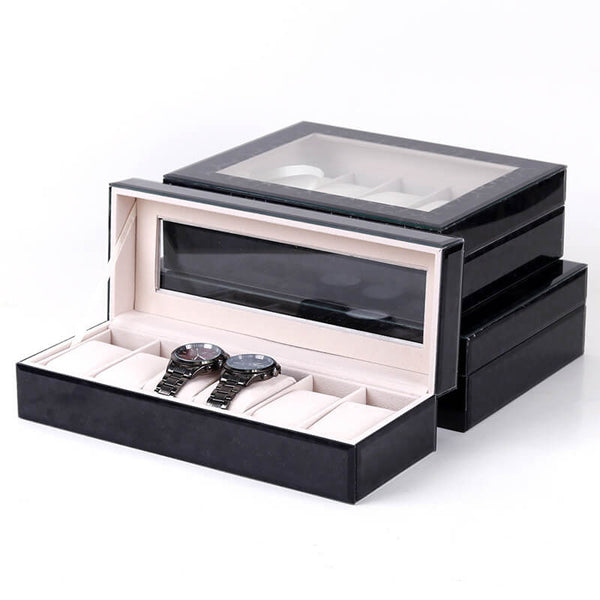 MEALULAND 1pcs 6 Slot Glass Style Watch Organizer Black