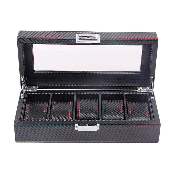 MEALULAND 1pcs 5 Slot Carbon Fiber Pattern PU Leather Watch Organizer