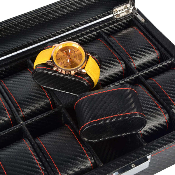 MEALULAND 1pcs 12 Slot Carbon Fiber Pattern PU Leather Watch Organizer