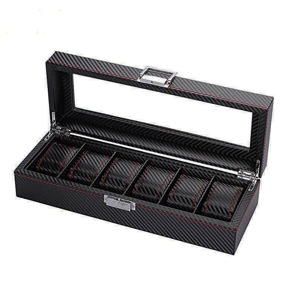 MEALULAND 1pcs 6 Slot Carbon Fiber Pattern PU Leather Watch Organizer